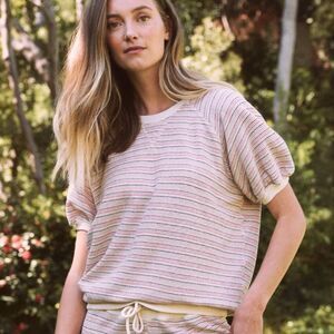THE GREAT. Striped Crew Neck Sweater - Pink and Cream